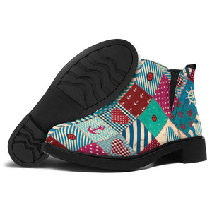 Retro Nautical Patchwork Pattern Print Flat Ankle Boots