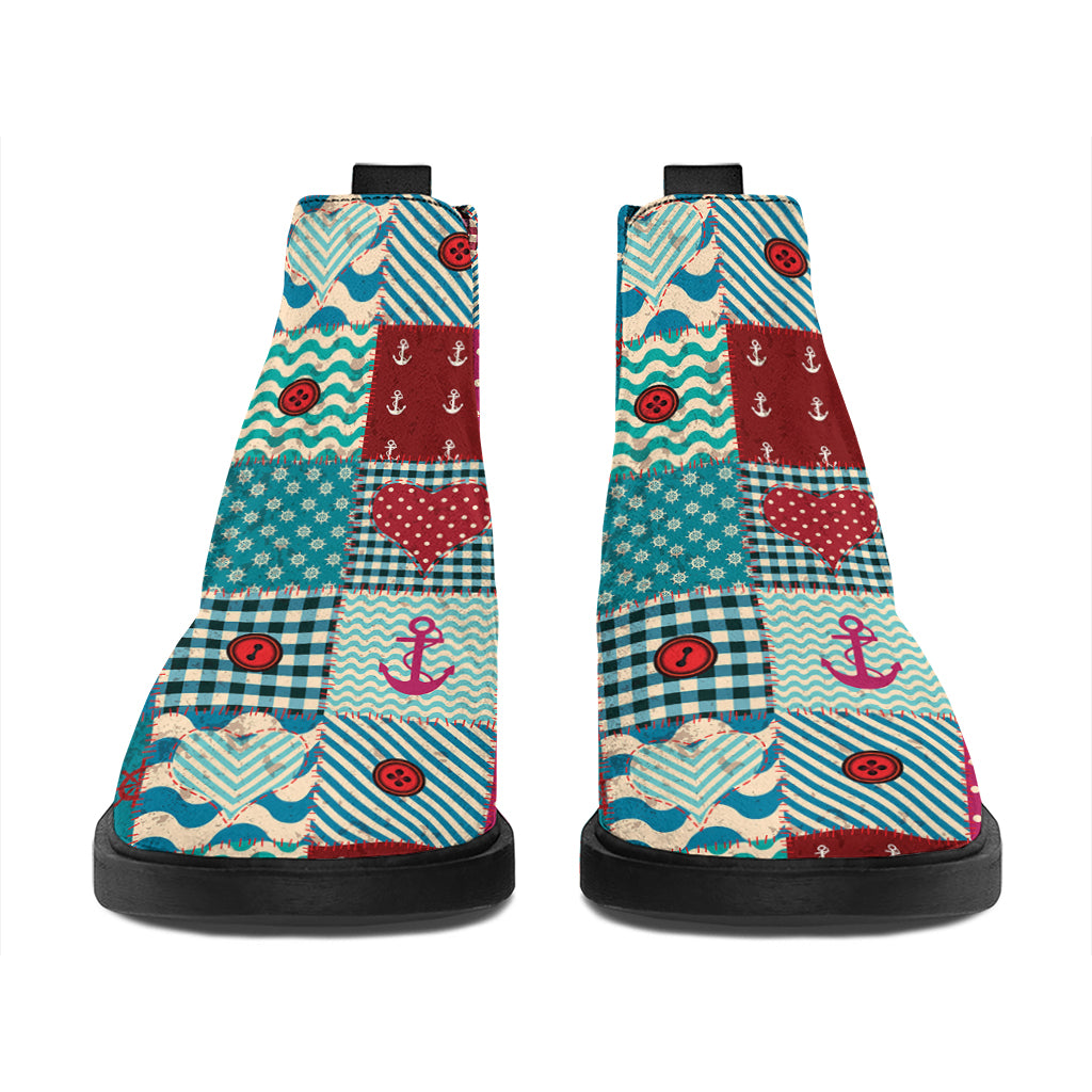 Retro Nautical Patchwork Pattern Print Flat Ankle Boots