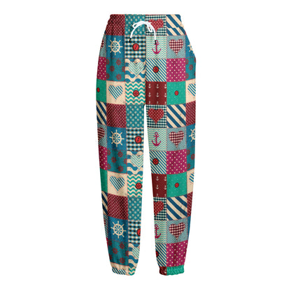 Retro Nautical Patchwork Pattern Print Fleece Lined Knit Pants