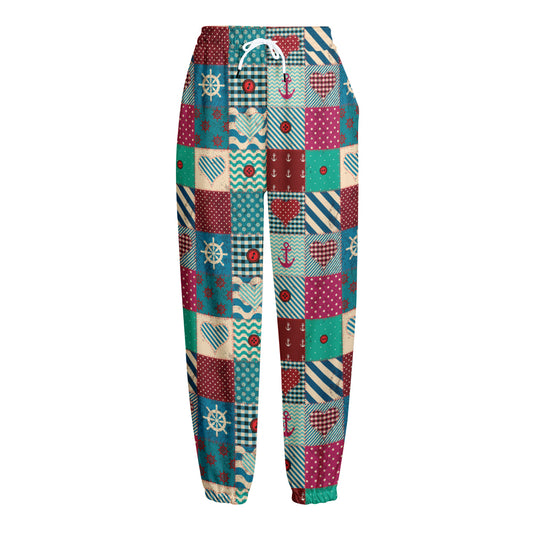 Retro Nautical Patchwork Pattern Print Fleece Lined Knit Pants