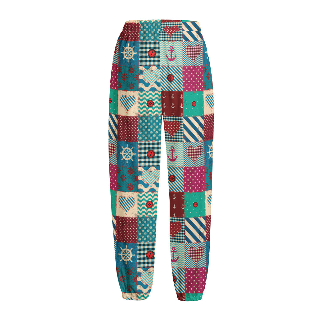 Retro Nautical Patchwork Pattern Print Fleece Lined Knit Pants