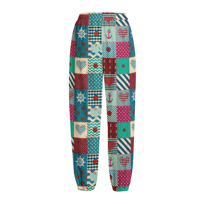 Retro Nautical Patchwork Pattern Print Fleece Lined Knit Pants