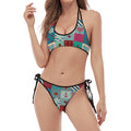Retro Nautical Patchwork Pattern Print Halter Scoop Tie Side Bikini