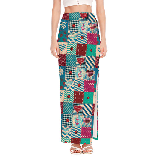 Retro Nautical Patchwork Pattern Print High Slit Maxi Skirt