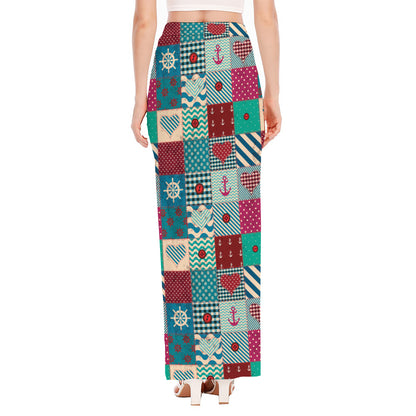 Retro Nautical Patchwork Pattern Print High Slit Maxi Skirt