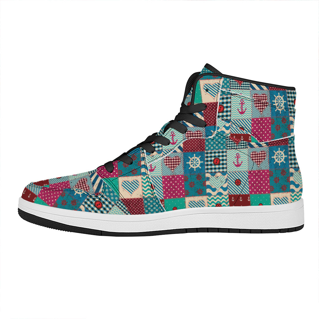 Retro Nautical Patchwork Pattern Print High Top Leather Sneakers