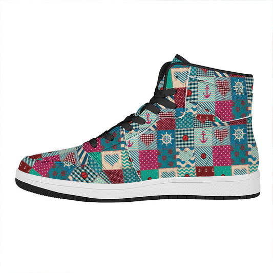 Retro Nautical Patchwork Pattern Print High Top Leather Sneakers