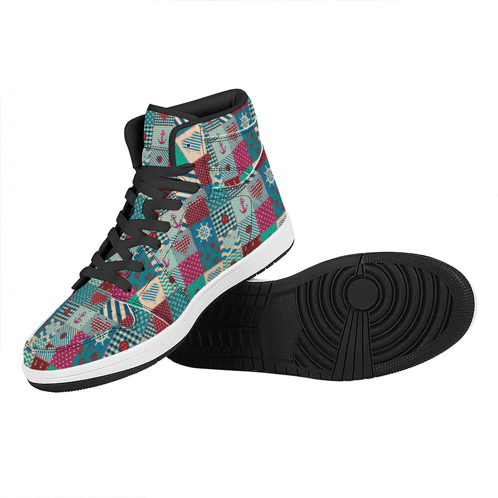 Retro Nautical Patchwork Pattern Print High Top Leather Sneakers