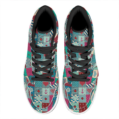 Retro Nautical Patchwork Pattern Print High Top Leather Sneakers