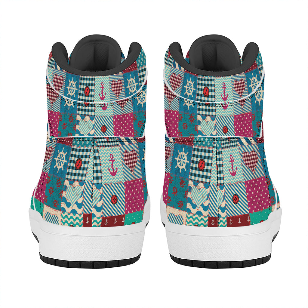 Retro Nautical Patchwork Pattern Print High Top Leather Sneakers