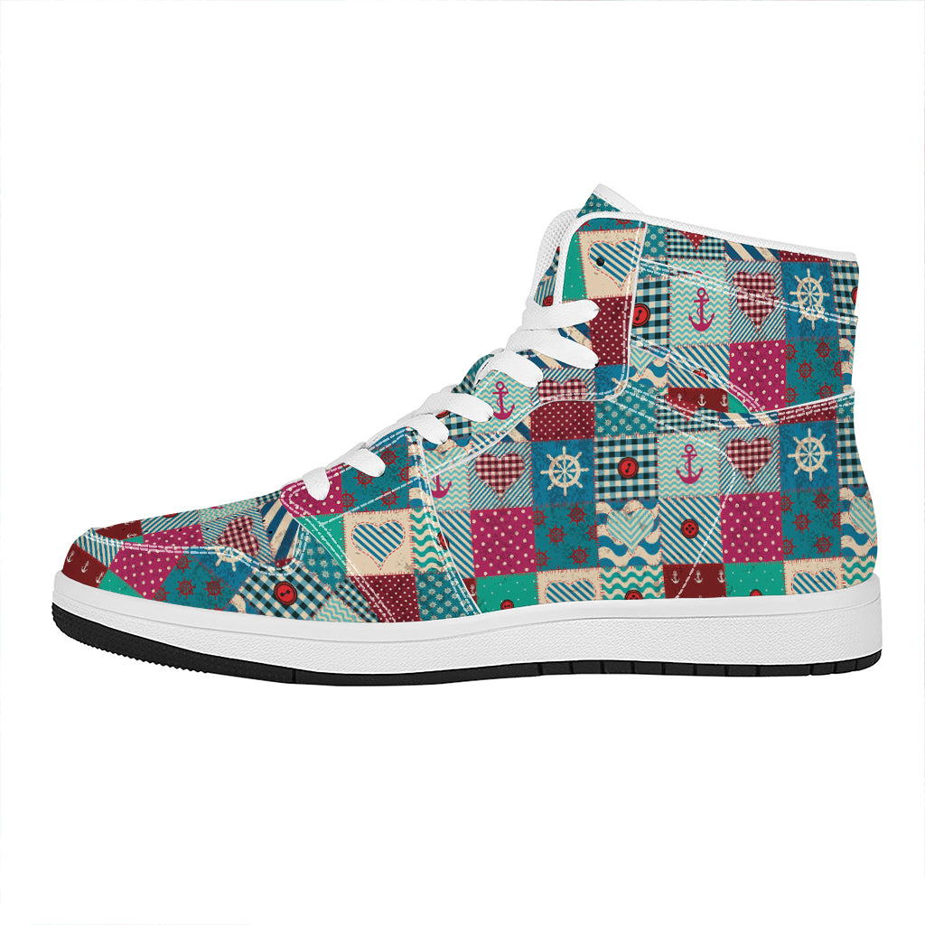 Retro Nautical Patchwork Pattern Print High Top Leather Sneakers
