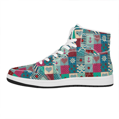 Retro Nautical Patchwork Pattern Print High Top Leather Sneakers