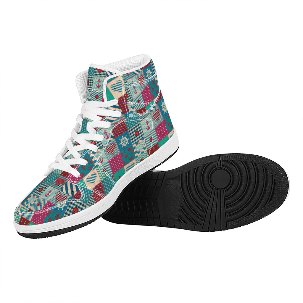 Retro Nautical Patchwork Pattern Print High Top Leather Sneakers