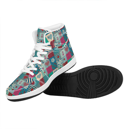 Retro Nautical Patchwork Pattern Print High Top Leather Sneakers