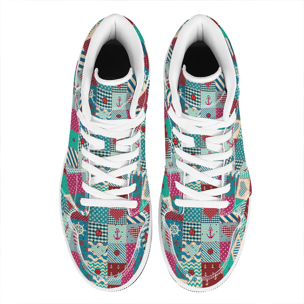 Retro Nautical Patchwork Pattern Print High Top Leather Sneakers