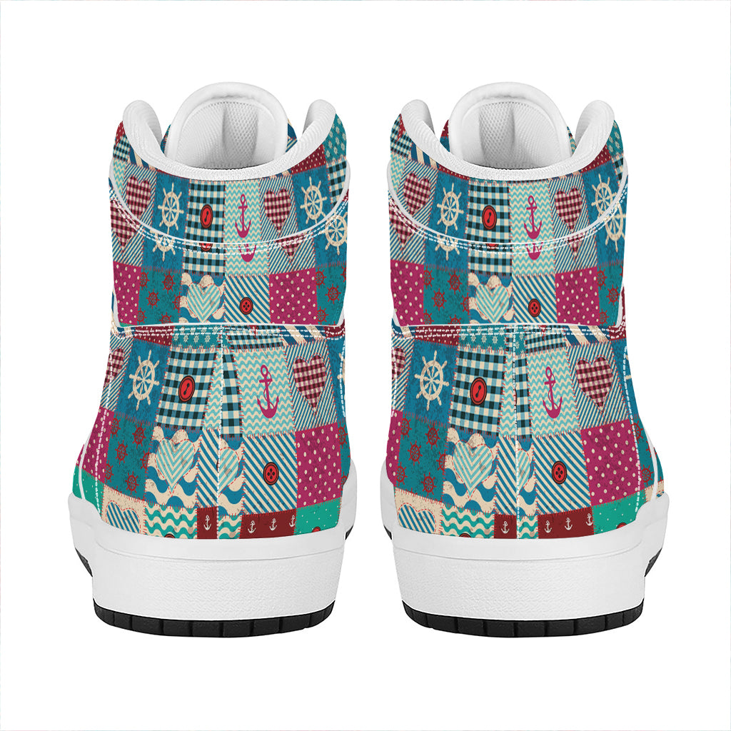 Retro Nautical Patchwork Pattern Print High Top Leather Sneakers
