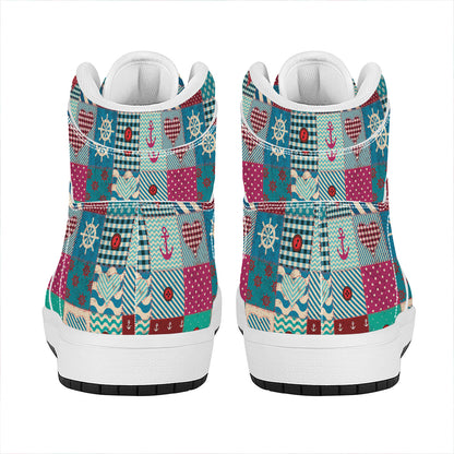 Retro Nautical Patchwork Pattern Print High Top Leather Sneakers
