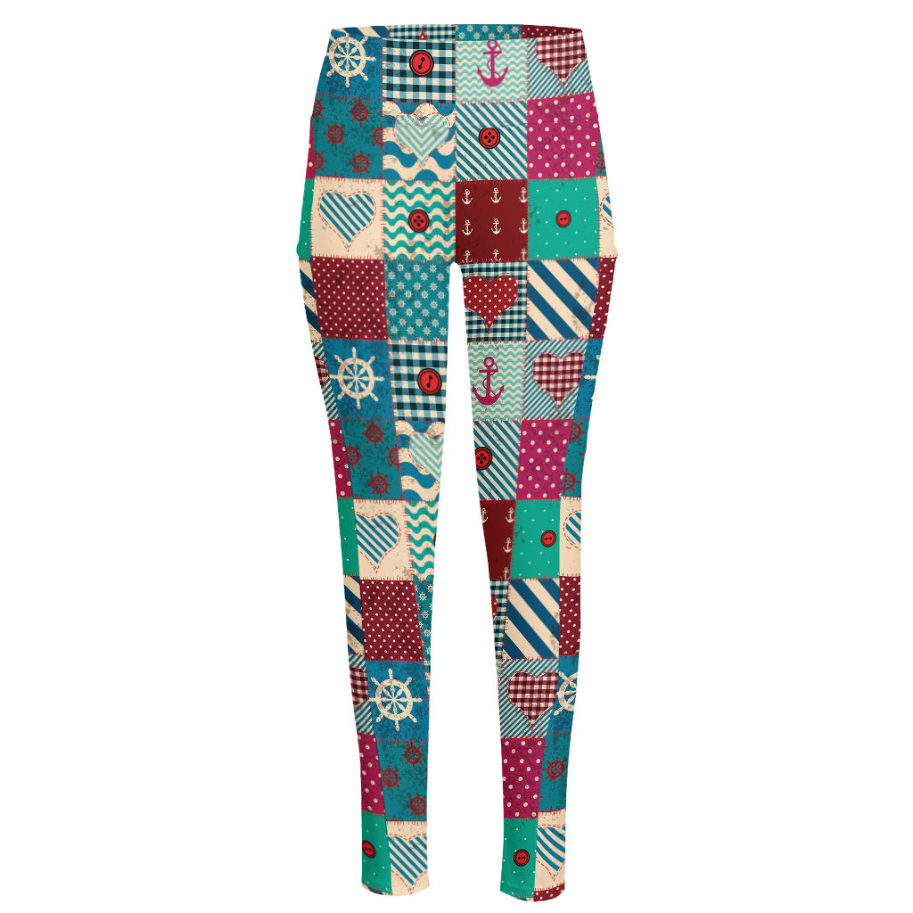 Retro Nautical Patchwork Pattern Print High-Waisted Pocket Leggings