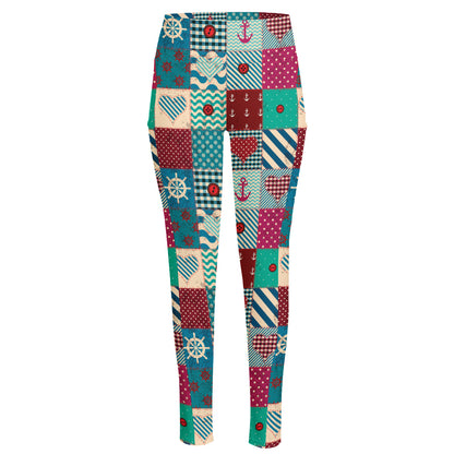 Retro Nautical Patchwork Pattern Print High-Waisted Pocket Leggings
