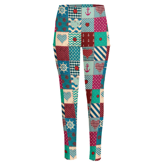 Retro Nautical Patchwork Pattern Print High-Waisted Pocket Leggings