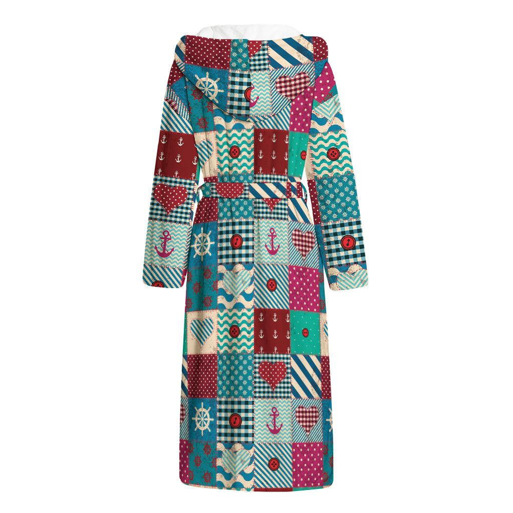 Retro Nautical Patchwork Pattern Print Hooded Bathrobe