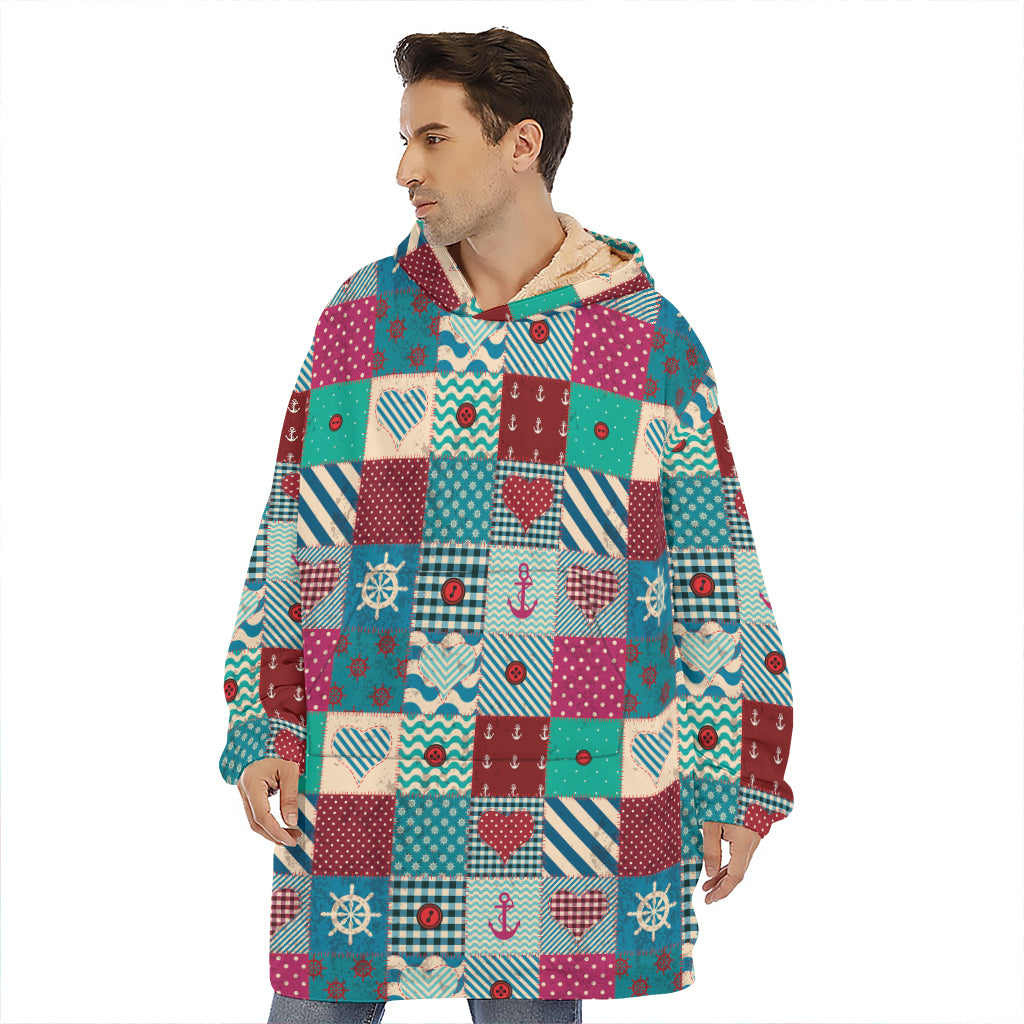 Retro Nautical Patchwork Pattern Print Hoodie Blanket