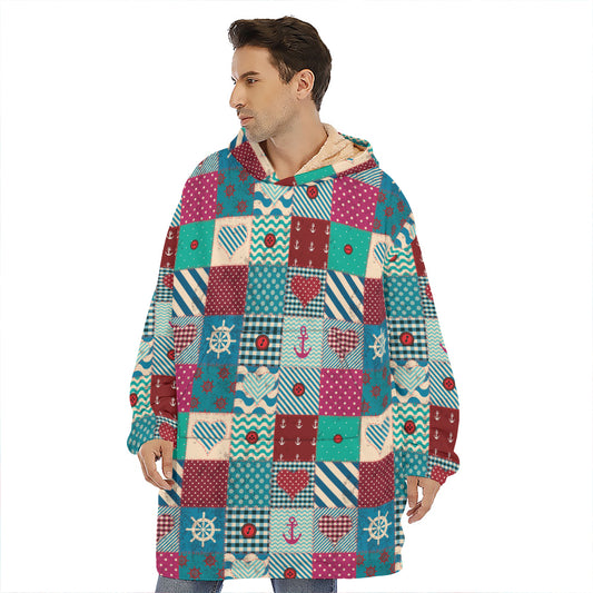 Retro Nautical Patchwork Pattern Print Hoodie Blanket
