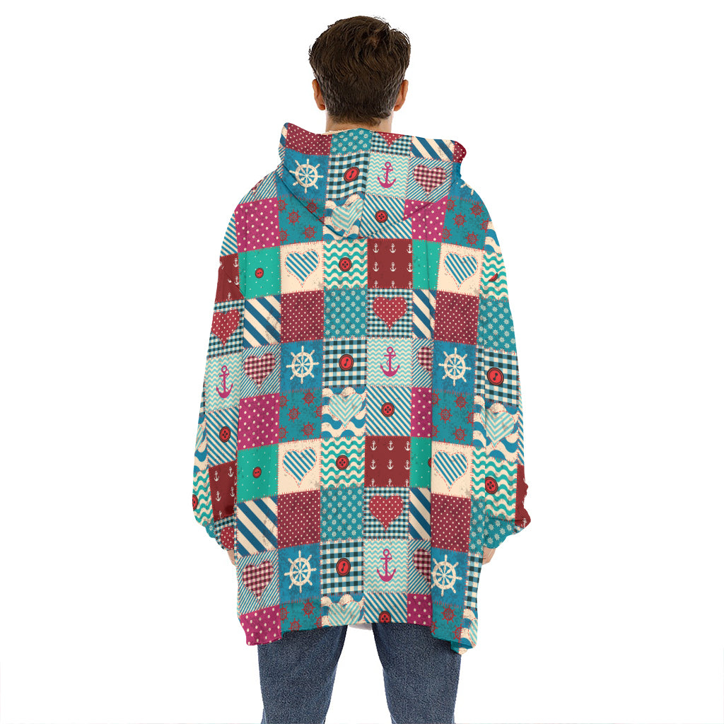 Retro Nautical Patchwork Pattern Print Hoodie Blanket