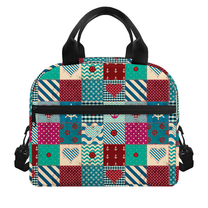 Retro Nautical Patchwork Pattern Print Insulated Lunch Bag