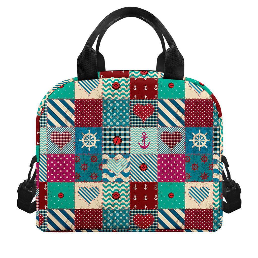 Retro Nautical Patchwork Pattern Print Insulated Lunch Bag