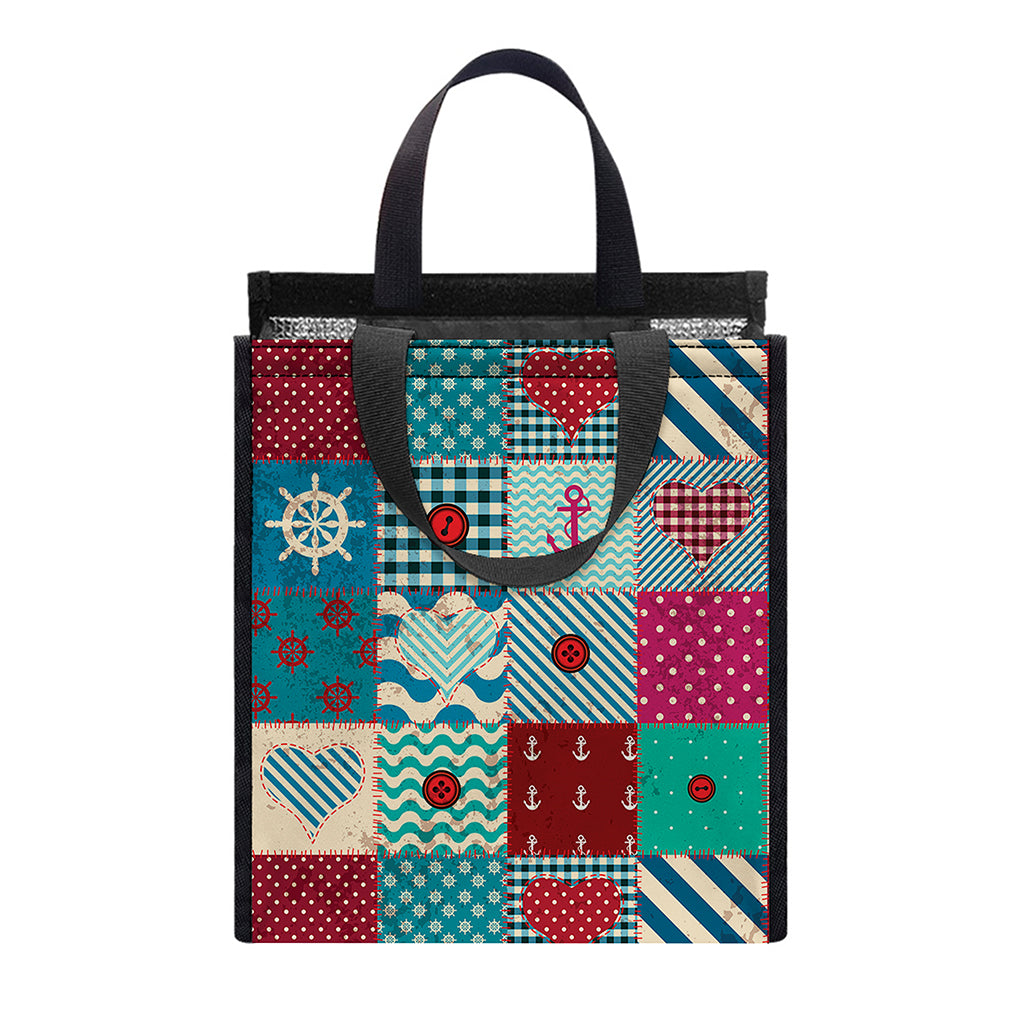 Retro Nautical Patchwork Pattern Print Insulated Lunch Tote