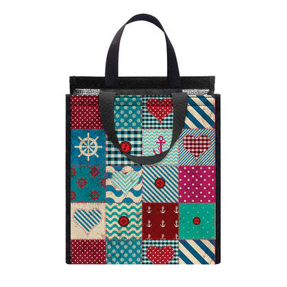 Retro Nautical Patchwork Pattern Print Insulated Lunch Tote