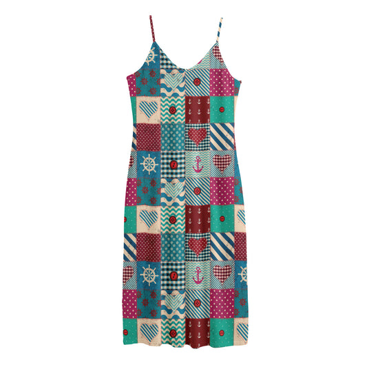 Retro Nautical Patchwork Pattern Print Jersey Midi Cami Dress