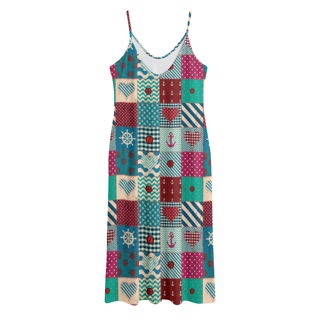 Retro Nautical Patchwork Pattern Print Jersey Midi Cami Dress