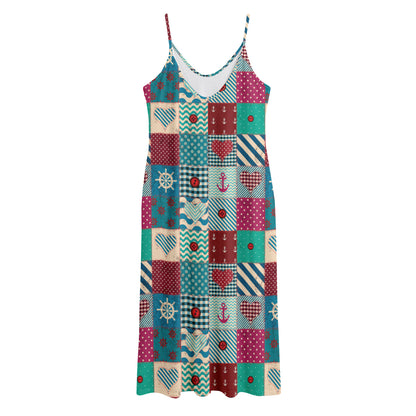 Retro Nautical Patchwork Pattern Print Jersey Midi Cami Dress
