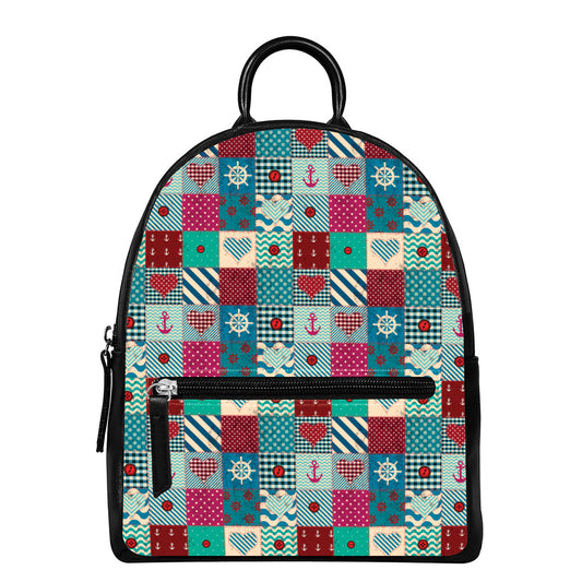 Retro Nautical Patchwork Pattern Print Leather Backpack