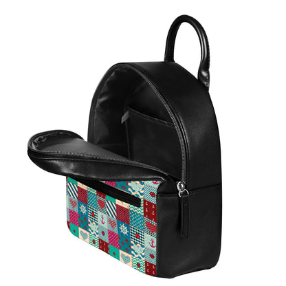 Retro Nautical Patchwork Pattern Print Leather Backpack
