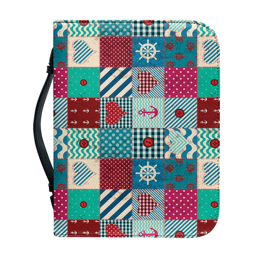 Retro Nautical Patchwork Pattern Print Leather Bible Cover
