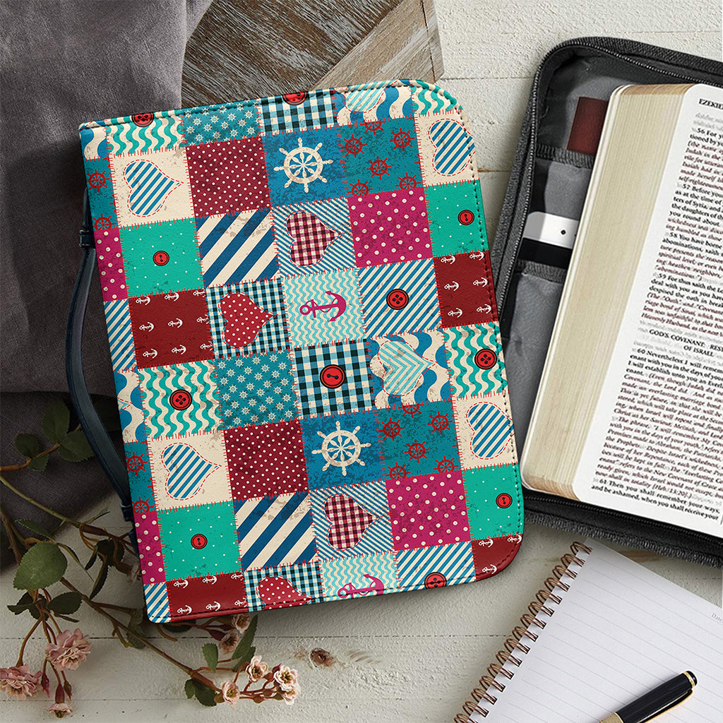 Retro Nautical Patchwork Pattern Print Leather Bible Cover