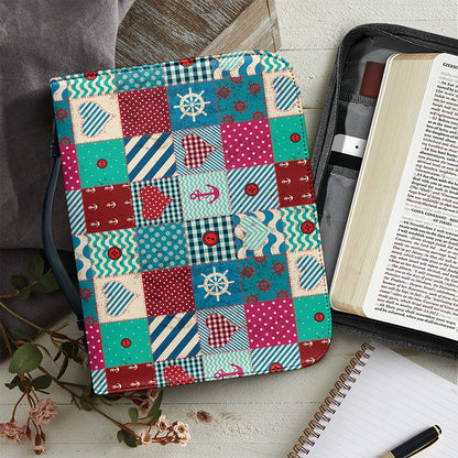 Retro Nautical Patchwork Pattern Print Leather Bible Cover