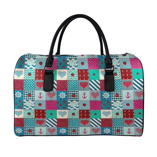 Retro Nautical Patchwork Pattern Print Leather Duffle Bag
