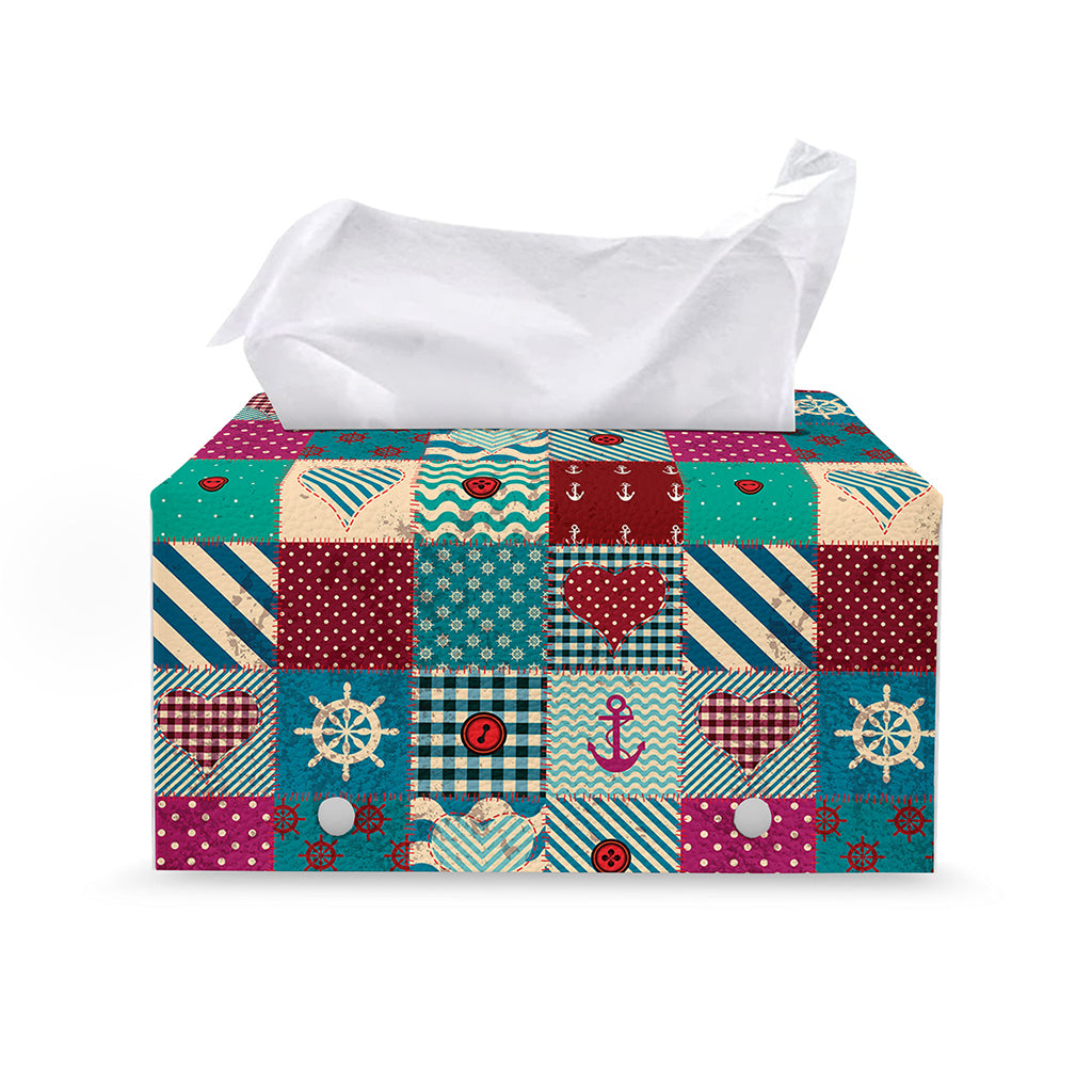 Retro Nautical Patchwork Pattern Print Leather Tissue Box Cover
