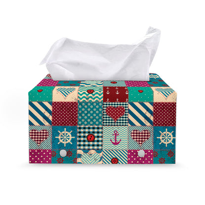 Retro Nautical Patchwork Pattern Print Leather Tissue Box Cover