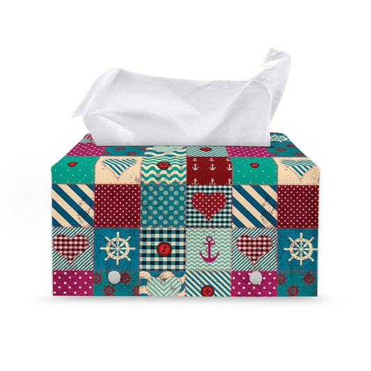Retro Nautical Patchwork Pattern Print Leather Tissue Box Cover