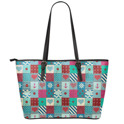 Retro Nautical Patchwork Pattern Print Leather Tote Bag