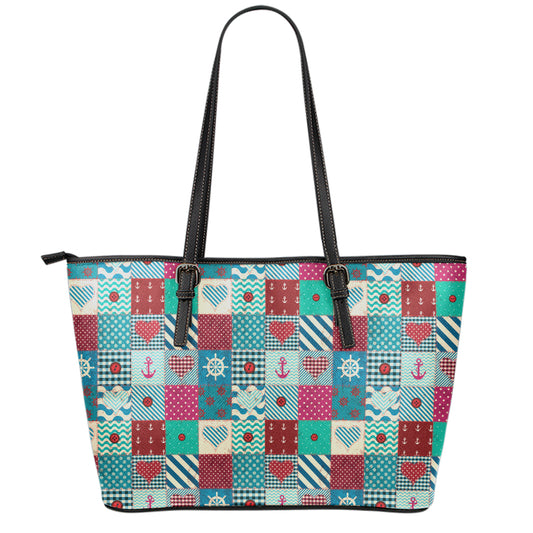 Retro Nautical Patchwork Pattern Print Leather Tote Bag
