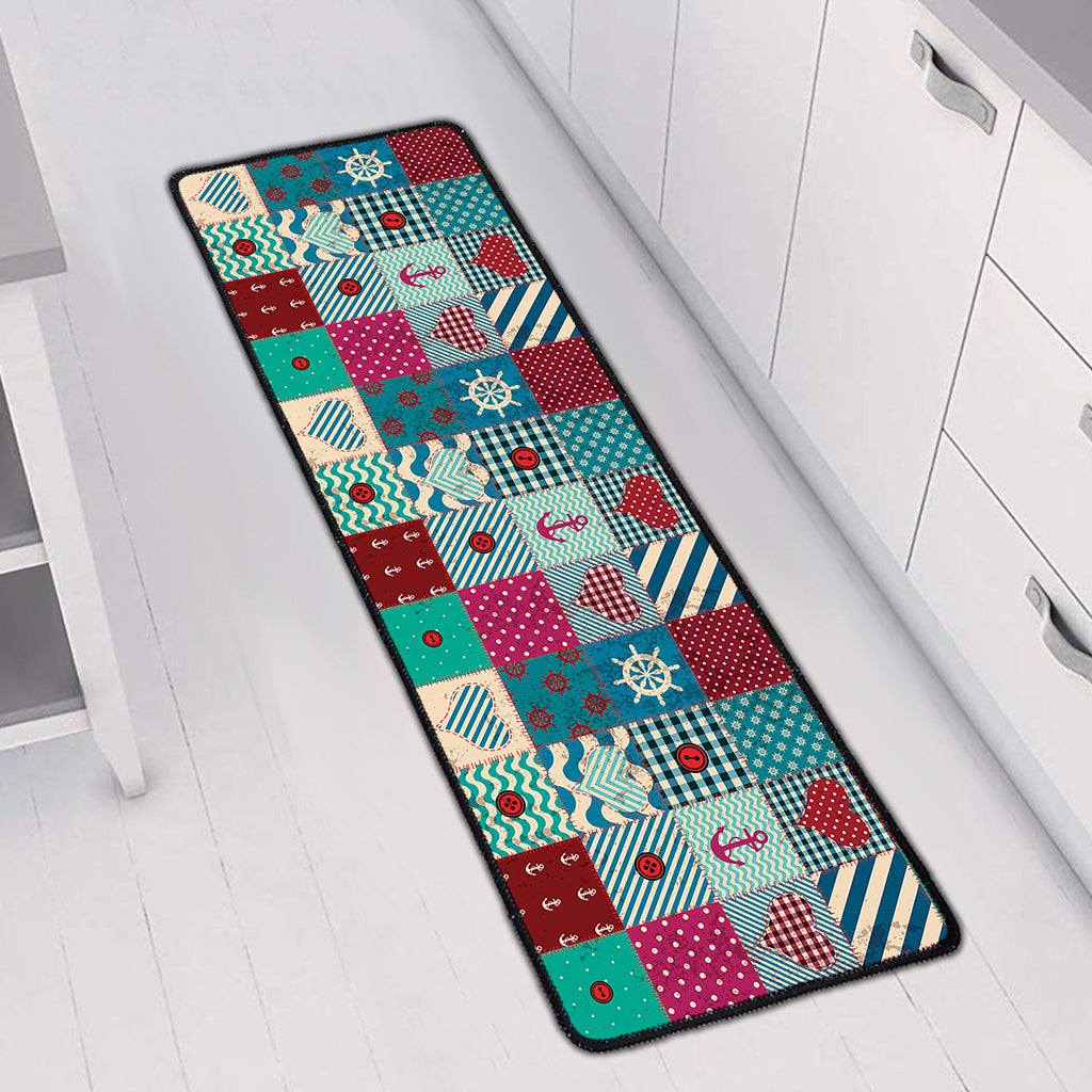 Retro Nautical Patchwork Pattern Print Long Kitchen Mat