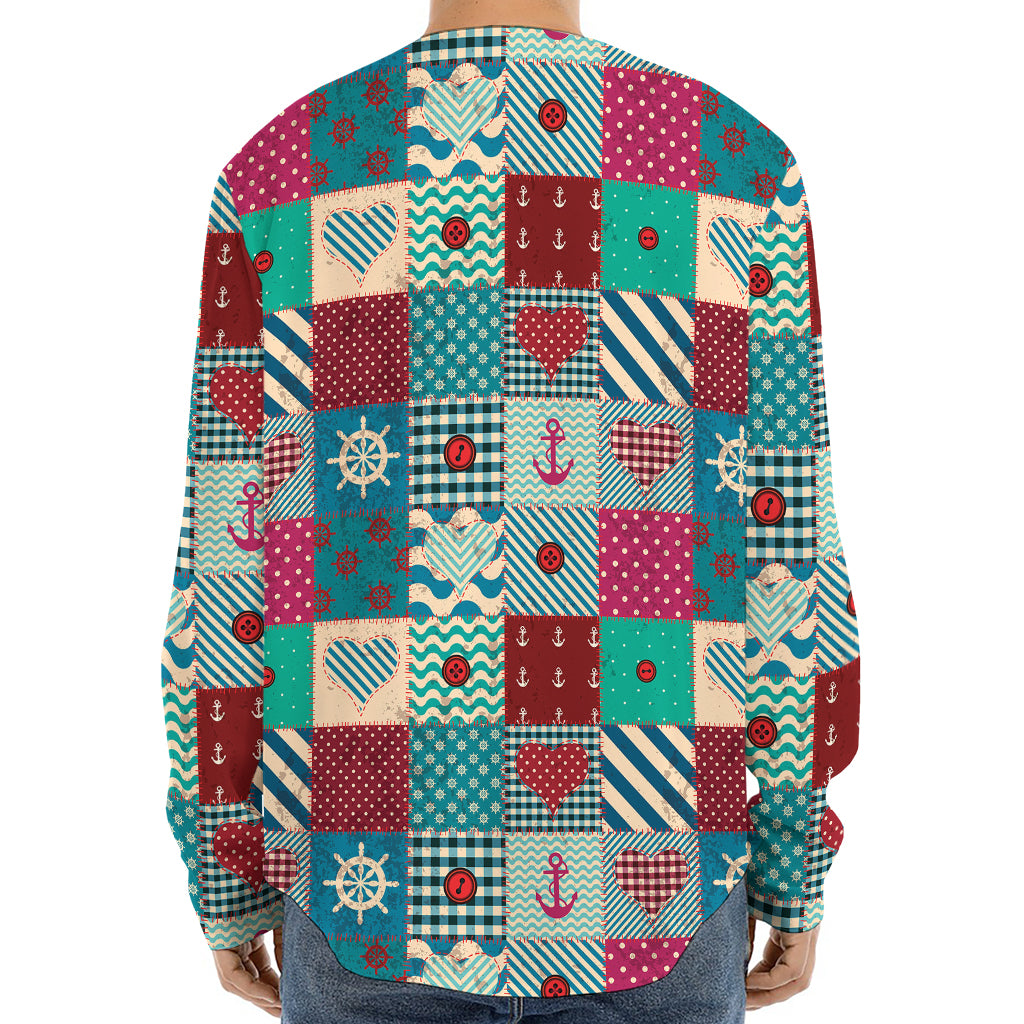 Retro Nautical Patchwork Pattern Print Long Sleeve Baseball Jersey