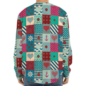 Retro Nautical Patchwork Pattern Print Long Sleeve Baseball Jersey