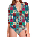 Retro Nautical Patchwork Pattern Print Long Sleeve Swimsuit